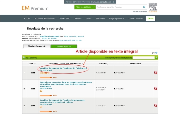 Page de résultats d'EM Premium