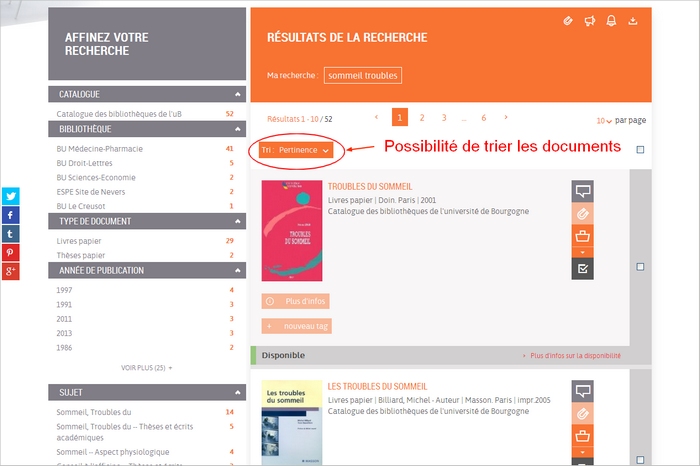 Page de résultat du catalogue des bibliothèques de l'uB