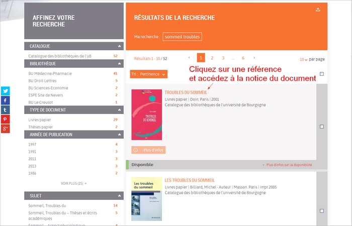 Accès à la notice des documents depuis la page de résultats du catalogue