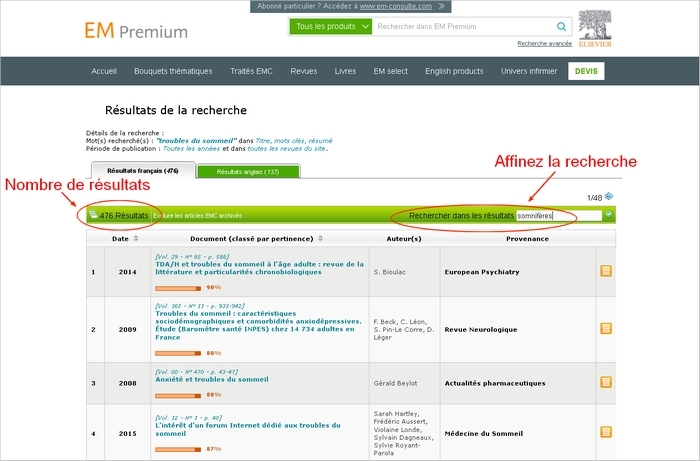 Page de résultats d'EM Premium