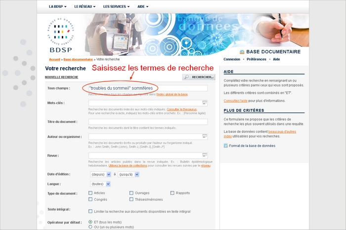 Page de recherche avancée de la Banque de Données sur la Santé publique (BDSP)