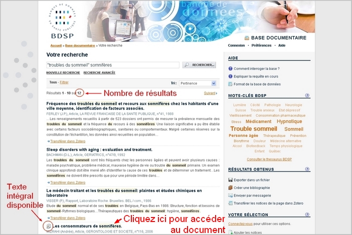 Page de résultats de la Banque de Données sur la Santé Publique